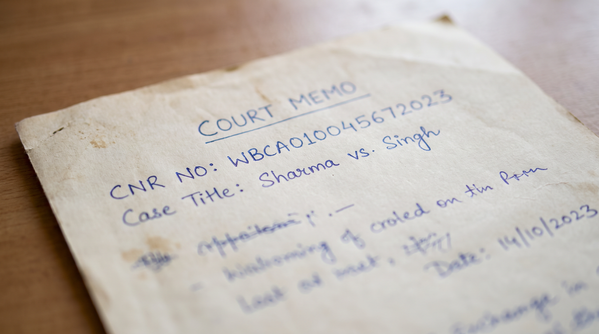Close-up of a handwritten Indian court memo showing the CNR number in blue ink on crumpled A4 paper