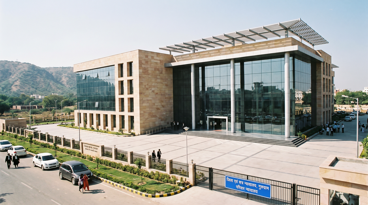 Gurgaon District and Family Court complex facade with signage, showing the court where cases are tracked by CNR number
