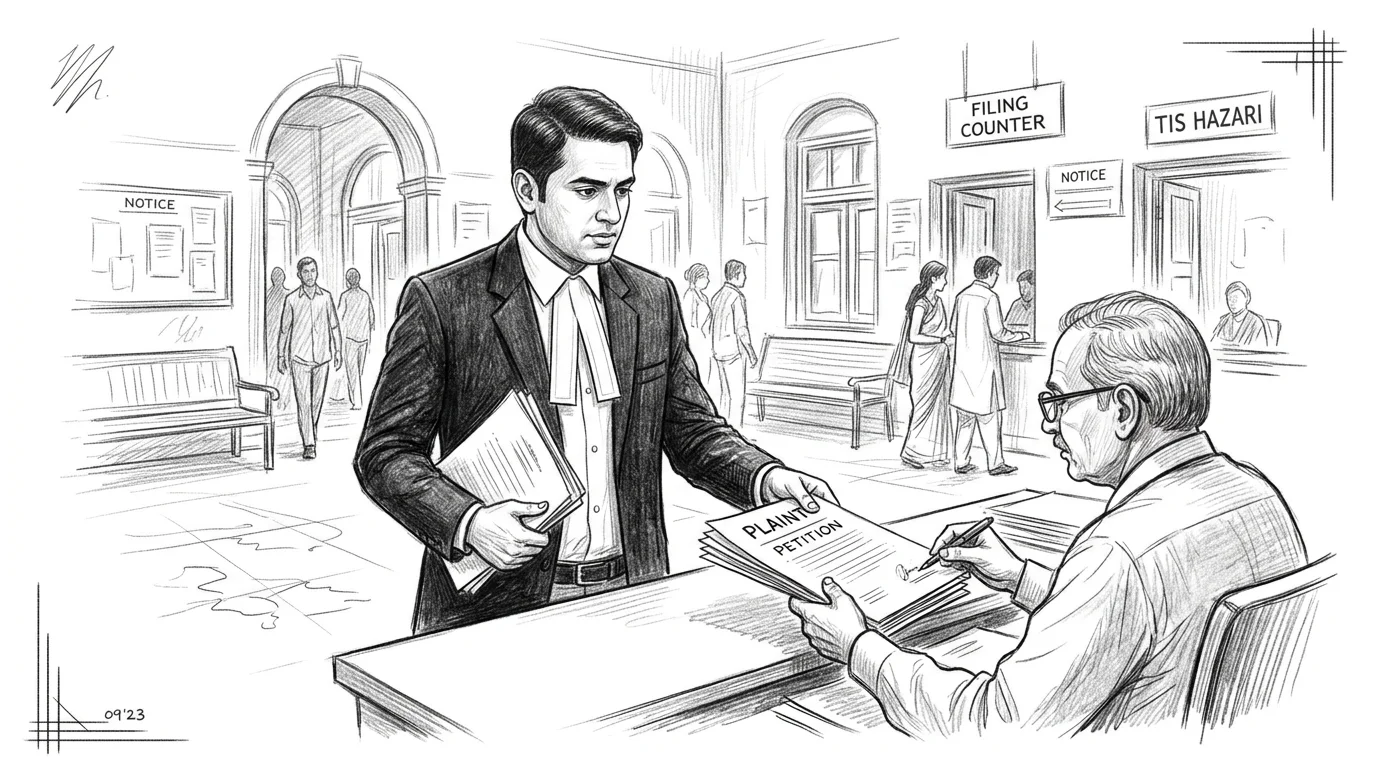 Civil lawyer filing plaint — Tis Hazari court proceedings in Delhi