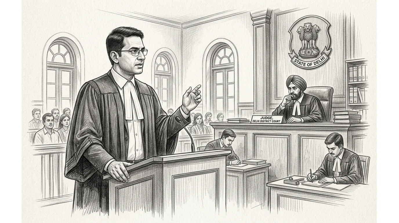 Criminal lawyer in Delhi courtroom — Sessions Court proceedings