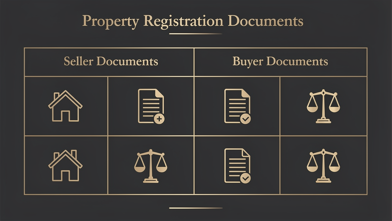 Property registration documents checklist infographic — seller buyer documents Ghaziabad