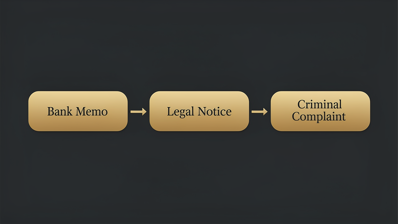 Cheque bounce legal process flowchart — from return memo to criminal complaint Ghaziabad